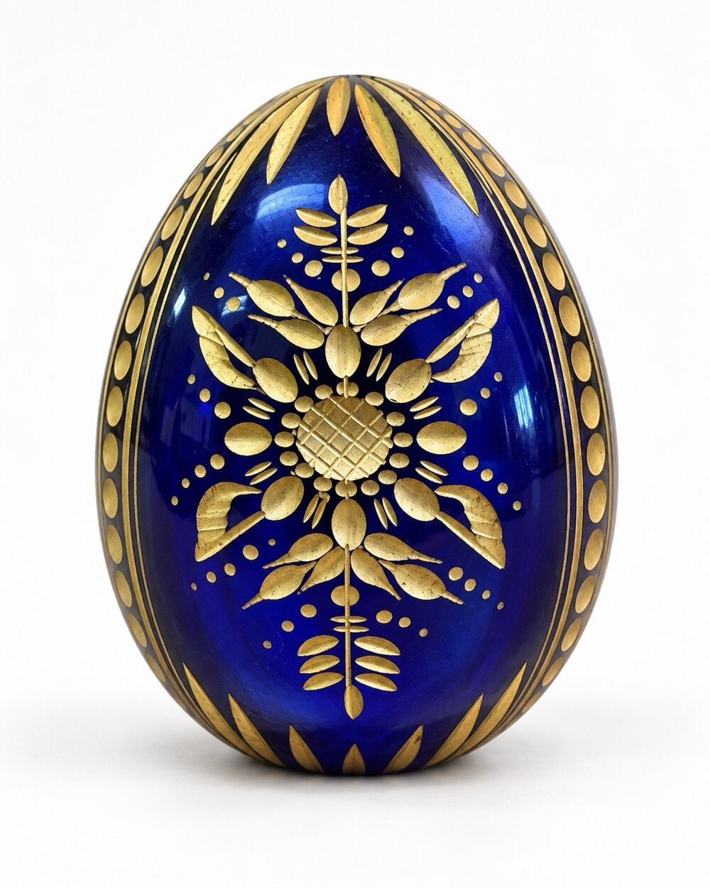 Russian Fabergé Style Cobalt Blue Glass Egg Gold Floral Design 2.5”